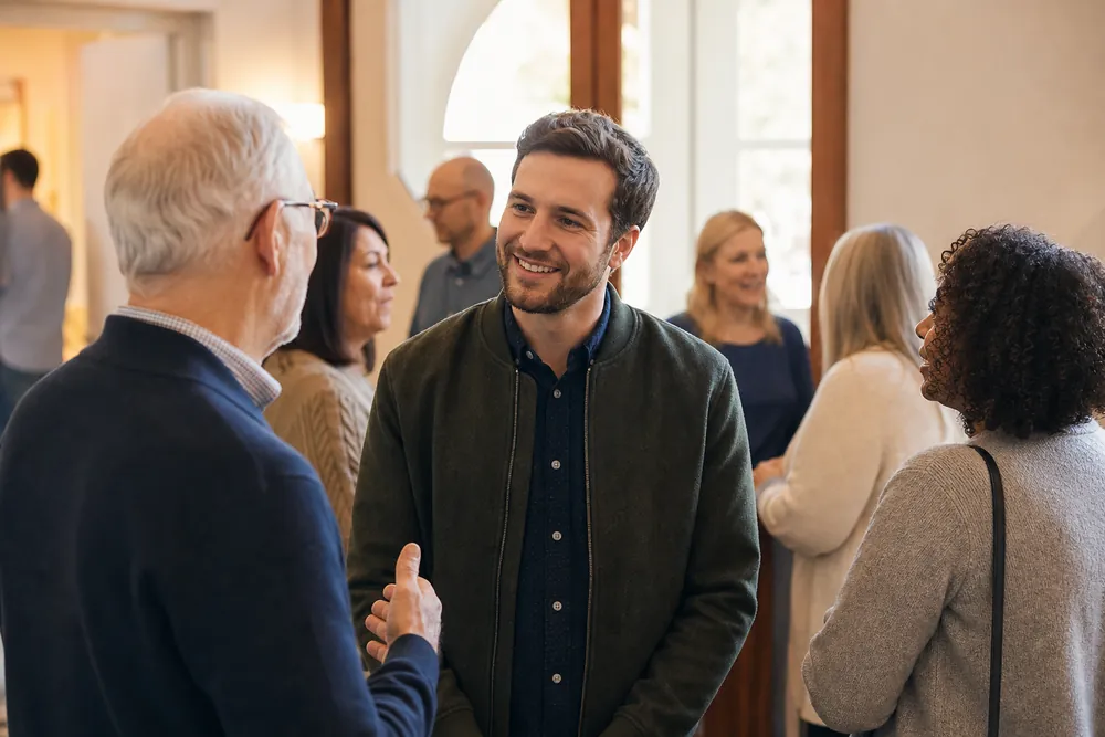 Gemeindemitglieder im freundlichen Gespr&auml;ch nach dem Gottesdienst